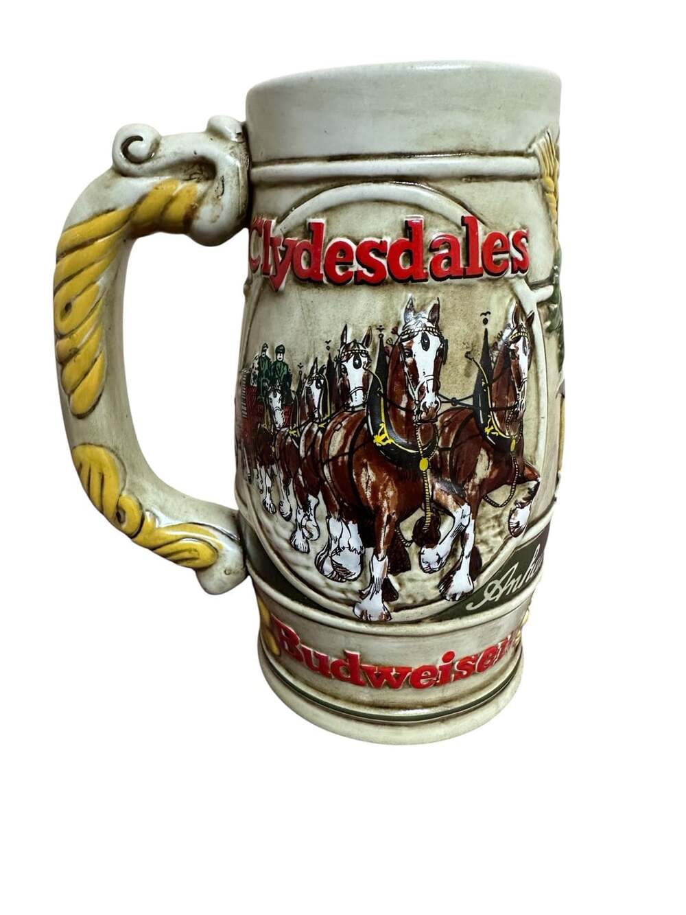 Vintage 1983 Budweiser Clydesdales Cameo Wheatland Holiday Beer Stein Ceramarte